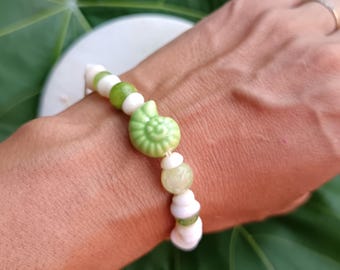 Kauai Puka Shell Bracelet: Green Jade & Ceramic Beads, Handmade Macrame, last minute gifts,