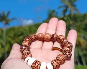 Kauai Puka Shell & Coconut Wood Beaded Bracelet, Handmade Kauai Gift,