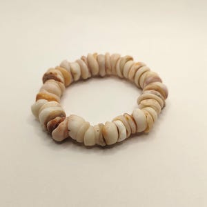 May include: A bracelet made of small, irregularly shaped seashells. The shells are primarily off-white with tan and brown accents, strung together to form a circular band. The bracelet is displayed on a plain white background.