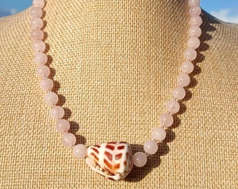 Hawaiian brown hebrew cone shell and rose quartz gemstone adjustable necklace, handmade gift, unique gift for her,