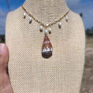 Puede incluir: Un collar de cadena dorada con pequeñas perlas blancas y un colgante de concha en forma de cono. La concha es marrón y blanca, y el collar se exhibe en un maniquí beige.