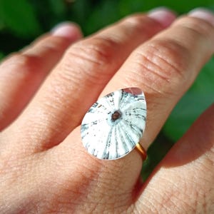 May include: A ring featuring a teardrop-shaped stone with a white surface and black radial patterns radiating from a dark brown center. The stone is set on a thin, plain gold-toned metal band that encircles the finger, showcasing a natural fossilized appearance.