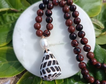 Hawaiian Hebrew cone Shell and freshwater pearl Necklace: Mahogany Jasper Gemstone Beads, Adjustable Length