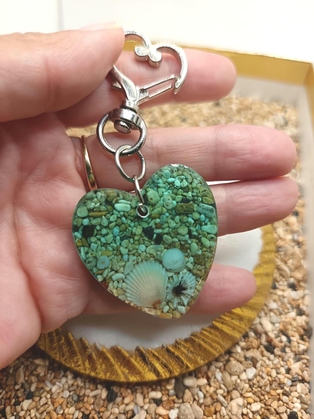 Heart Shape Beach Style, Kauai Sand and Shell Keychain - Beach Keychain ...