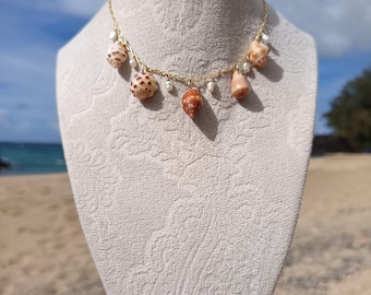 14K Gold Filled Hawaiian assorted shell and freshwater pearl charm necklace  I Handmade gift I Unique gift for her I Sea lover gift