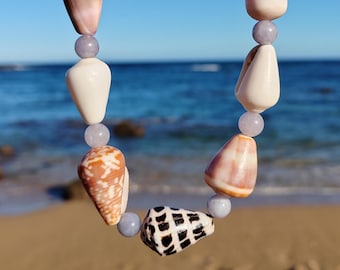 Hawaiian assorted cone shell adjustable necklace with aquamarine gemstone beads, gift for her, birthday gift, valentine's day gift