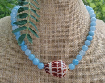 Hawaiian genuine brown Hebrew cone shell and aquamarine Jade gesmtone adjustable necklace, gift for her,  handmade gift