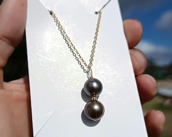 Dubbele Tahitiaanse parelketting, gouden vulling, hanger echte Tahitiaanse parel, Tahitiaanse parel 8-9 mm