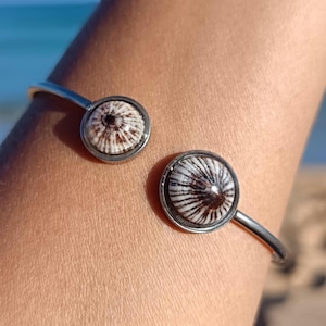 May include: A silver-toned cuff bracelet featuring two circular seashell accents. Each shell is encased in a silver bezel, showcasing a natural pattern of brown and white stripes. The bracelet is designed to be worn on the wrist.
