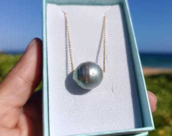 Grote zilveren Bombucha Tahitiaanse parel gouden vulling drijvende verstelbare ketting, elegante oceaan, geïnspireerde sieraden, Tahitiaanse parelketting 12 mm