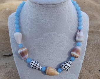 Hawaiian assorted genuine Cone shell adjustable necklace with aqua marine gemstone beads, gift for her, unique gift, birthday gift