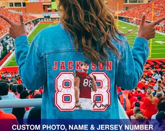 Custom Photo Football Jean Jacket: Senior Mom Jersey Number | Distressed Retro Spirit Wear