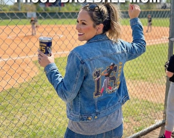 Custom Baseball Denim Jacket with Player Photo & Jersey Number, Personalized Sports Team Jean Jacket