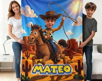 Spersonalizowany kocyk Toy Story, spersonalizowany kocyk z motywem twarzy, spersonalizowany kocyk dla dzieci, prezent urodzinowy Toy Story, wystrój pokoju dziecięcego