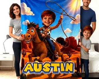 May include: A soft fleece blanket featuring a cartoon-style illustration of a child riding a brown horse in a desert landscape. The child holds a lasso above their head. The name AUSTIN is printed in large yellow letters at the bottom of the blanket.