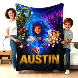 Personalisierte Sonic-Decke mit individuellem Gesicht und Namen, Sonic-Decke, Sonic-Zimmerdeko, Gaming-Zimmerdeko, personalisiertes Geschenk
