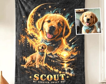 May include: A rectangular fleece blanket featuring a golden retriever puppy wearing a blue patterned bandana. The design includes a large crescent moon, a mountain landscape, and the text SCOUT MY FOREVER SWEET BOY in gold lettering.