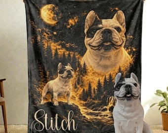 May include: A rectangular fleece blanket featuring a dark night sky with a glowing full moon, a forest landscape, and two French Bulldog illustrations. The blanket displays the word Stitch in a cursive script and is paired with a white French Bulldog.