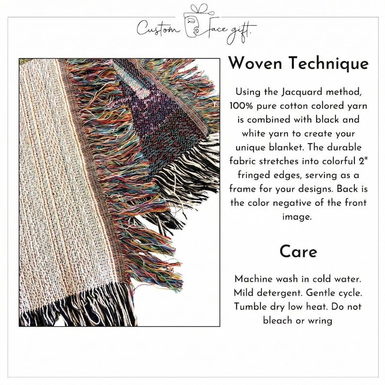 Puede incluir: Una manta de algod&oacute;n tejido con dise&ntilde;o Jacquard en hilos multicolores, negros y blancos. La manta tiene bordes con flecos de 5,08 cm. El texto en la imagen incluye Custom Face gift, Woven Technique e instrucciones de cuidado y lavado.