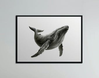Impression giclée de baleine à bosse : aquarelle fusain océan art