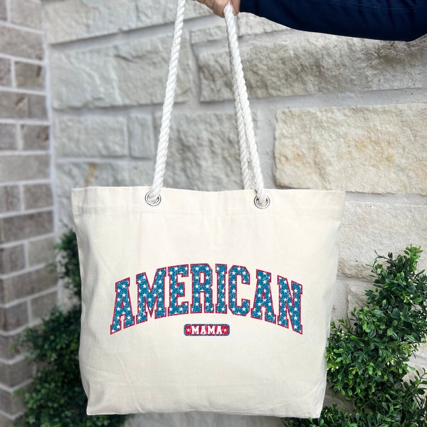American Mama Tote Bag, USA Flag Colors Tote Gift for Mama, American Mama Canvas Tote for Grandma, 4th of July Gift, Freedom Day Tote Bag