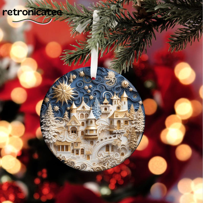 3D Effect Christmas Ornament With Golden City, Stars and Dark Blue