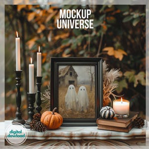 Fall Halloween Frame Mockup with Candles, Vertical Autumn Print Mockup, Picture Frame Display Black Framed Canvas Seasonal Poster Mockup PSD