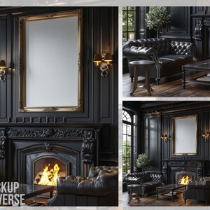 May include: A black and gold framed picture mockup in a dark, ornate room with a fireplace and a leather sofa. The room has dark wood paneling and gold accents.