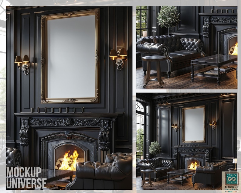 May include: A black and gold framed picture mockup in a dark, ornate room with a fireplace and a leather sofa. The room has dark wood paneling and gold accents.