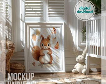 Nursery Frame Mockup For Baby Art, Kids Room Wall Art Mockup, White Framed Canvas for Artwork Display, Natural Light Digital Poster Template