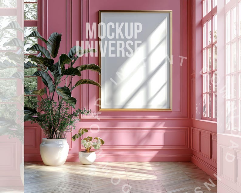 May include: A gold-framed picture frame hangs on a pink wall in a room with a hardwood floor. Two potted plants sit on the floor. The text "MOCKUP UNIVERSE" is visible on the picture frame.