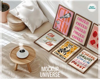 Six Frame Gallery Wall Mockup, Set of 6 Vertical Frame Mockup, Top View Multiple Canvas Mockup for Poster, Wall Art Frame Mockup PSD