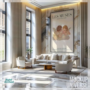 Marble Hall Frame Mockup for Art, Luxury Modern Wall Art Mockup, Luxe Interior Artwork Display, Large Vertical Framed Canvas PSD Photoshop