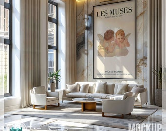 Marble Hall Frame Mockup for Art, Luxury Modern Wall Art Mockup, Luxe Interior Artwork Display, Large Vertical Framed Canvas PSD Photoshop