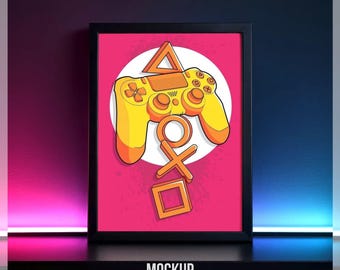 Neon Rahmen Mockup, Modernes Gaming Poster Mockup, Minimalistische Cyber Kunstwerk Vorlage, futuristische Wandkunst Mockup PSD