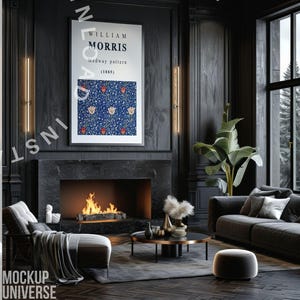 May include: A living room with dark wood paneling, a fireplace, and a large framed print. The print features the text "WILLIAM MORRIS" and "Medway pattern (1885)" above a blue floral design. A sofa, chair, and coffee table complete the scene.