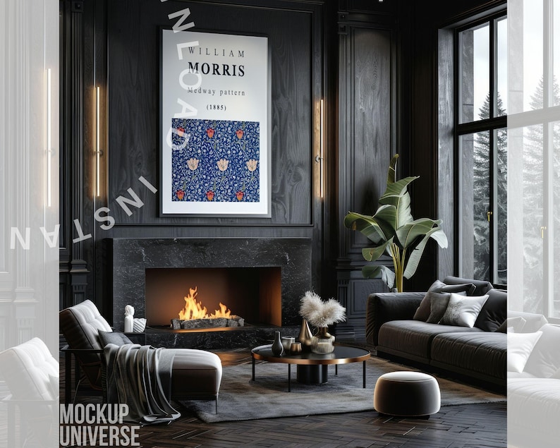 May include: A living room with dark wood paneling, a fireplace, and a large framed print. The print features the text "WILLIAM MORRIS" and "Medway pattern (1885)" above a blue floral design. A sofa, chair, and coffee table complete the scene.