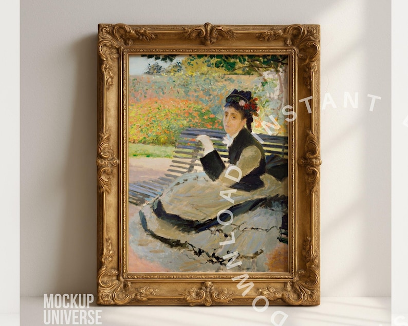 May include: A framed oil painting of a woman seated on a park bench, wearing a black jacket and a hat with flowers. The painting has a gold ornate frame and is displayed against a white wall.
