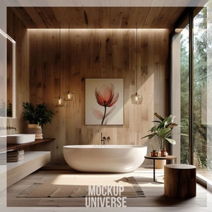 Farmhouse SPA Bathroom Frame Mockup, Minimal Bathtub Artwork Display, Japandi Decor Canvas Showcase, Large Wall Art Frame Template PSD