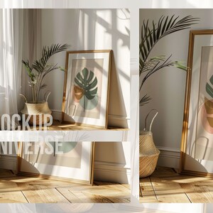Sunny Interior Single Frame Mockup, Vertical Thin Wood Frame Template, Minimalist Artwork Display, Editable PSD with Smart Object image 3