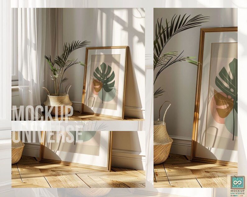 Sunny Interior Single Frame Mockup, Vertical Thin Wood Frame Template, Minimalist Artwork Display, Editable PSD with Smart Object image 3