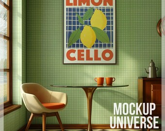 Retro Kitchen Frame Mockup, Vintage Poster Print Template Retro Wall Art Frame Mockup Framed Canvas Mockup Green Interior Mockup Frame PSD