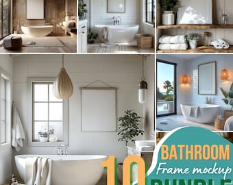 10 Bathroom Wall Art Frame Mockup Bundle, Washroom Artwork Display, Fresh and Clean Spa Artwork Template, Modern Bathtub Art Showcase