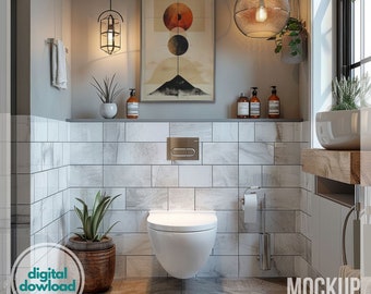 Minimal Toilet Frame Mockup for Art, Modern White Pan Artwork Display, Washroom Poster Mockup, WC Wall Art Mockup, Pohotoshop PSD Template