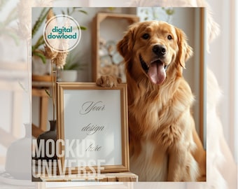 Pet Frame Mockup, Golden Retriever Artwork Display, Cute Pet Art Template