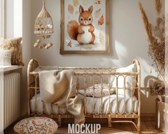 Warm Nursery Frame Mockup, Vertical Wood Frame Template, Neutral Tone Nursery Art Print Mockup, Baby Room Wall Art Mockup PSD for Photoshop