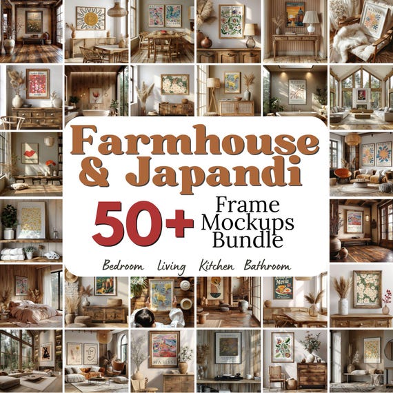 Ultimate Farmhouse Frame Mockup Bundle, Japandi Wall Art Mockup Set Wood Framed Canvas Mockup Rustic Art Mockup Cottage Print Template PSD