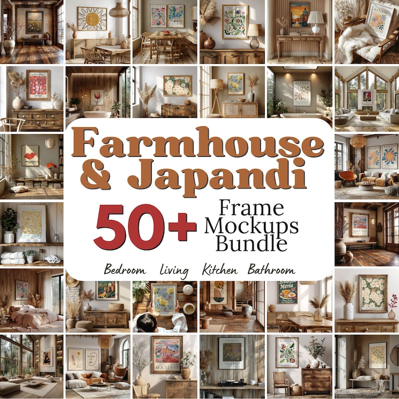 May include: A collage of 50+ farmhouse and Japandi style interior design mockups featuring various rooms, including a bedroom, living room, kitchen, and bathroom. Each mockup showcases a different frame style and size, perfect for showcasing artwork, photos, or prints.