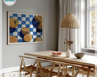 DIN A Horizontal Frame Mockup PSD, Scandinavian Kitchen Scene Dining Framed Canvas Template for Artwork Printable Art Mockup for Photoshop