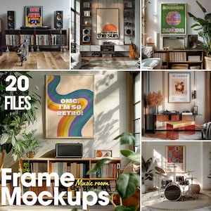 May include: A collection of framed art prints and mockups in a music room setting. The image includes a variety of posters with retro designs, a record player, speakers, and a drum set. The text "Frame Mockups" and "Music Room" are visible.